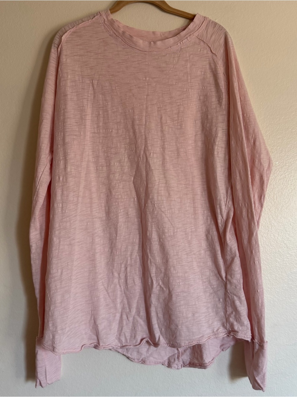 We The Free Long Sleeve Slub Crew Tee in Light Pink Beachy Raglan Raw Hem